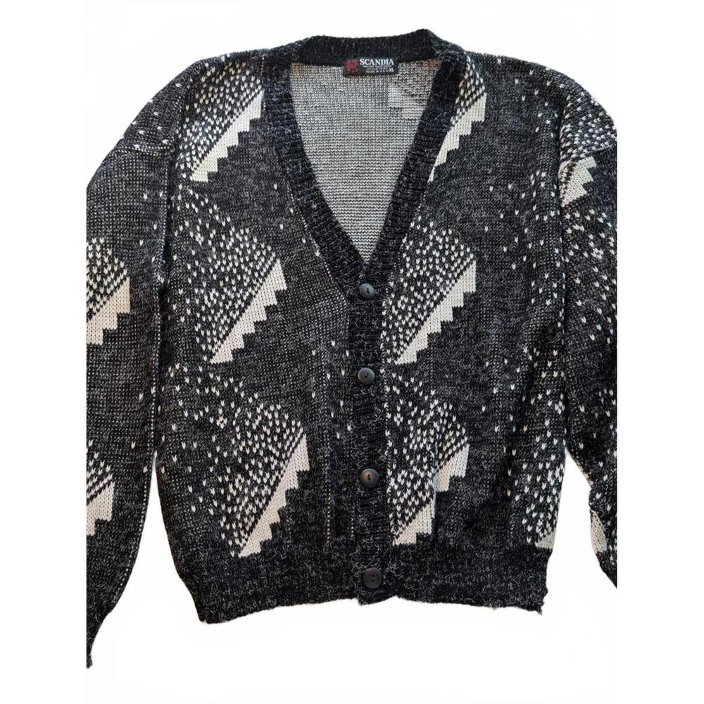 Scandia Black and White Patterned Knit Cardigan Sweater XL